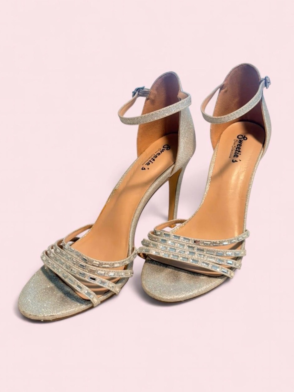 silver glitter strap formal heels